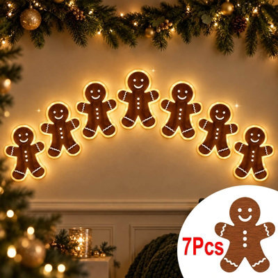 Amorly 7Pcs Light Up Wooden Wall Decor, Gingerbread Man Diy Peel & Stick Christmas Lights, Warm Backlit Ornaments For Home Decoration - image 1