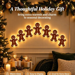 Amorly 7Pcs Light Up Wooden Wall Decor, Gingerbread Man Diy Peel & Stick Christmas Lights, Warm Backlit Ornaments For Home Decoration - thumbnail 5