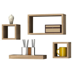 Urbn-Living Urbnliving Height 16Cm Set Of 4 Wooden Oak Cube Shelves Wall Storage Display - thumbnail 2