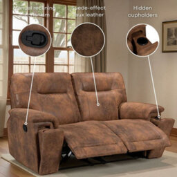 Faux Leather Suede Brown 2 Seater Manual Recliner Sofa - thumbnail 8
