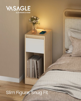 LEDREM Slim Bedside Table With Charging Station And Led Light, Narrow Side End Table, Usb Ports, Drawer And Open Compartment - image 1
