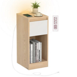 LEDREM Slim Bedside Table With Charging Station And Led Light, Narrow Side End Table, Usb Ports, Drawer And Open Compartment - thumbnail 2