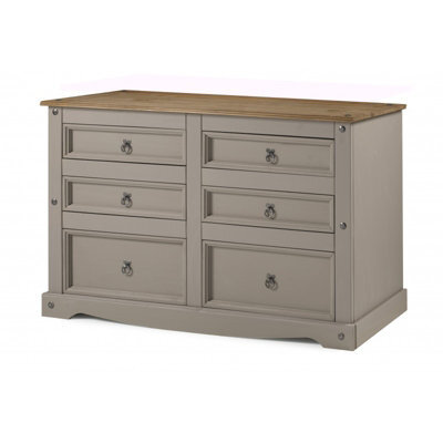Mercers Furniture Corona Grey Wax Low 3+3 Wide Chest Of 6 Drawers Solid Pine With Mexican Styling - image 1