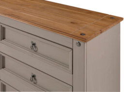 Mercers Furniture Corona Grey Wax Low 3+3 Wide Chest Of 6 Drawers Solid Pine With Mexican Styling - thumbnail 4