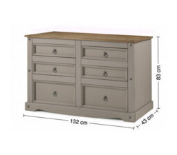 Mercers Furniture Corona Grey Wax Low 3+3 Wide Chest Of 6 Drawers Solid Pine With Mexican Styling - thumbnail 5