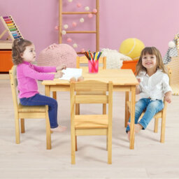 Costway Kids Table & 4 Chairs Set Wooden Activity Table Set Natural - thumbnail 3
