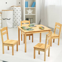 Costway Kids Table & 4 Chairs Set Wooden Activity Table Set Natural - thumbnail 4