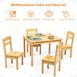Costway Kids Table & 4 Chairs Set Wooden Activity Table Set Natural - thumbnail 9