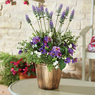 Gainsborough Artificial Lavender & Pansy Arrangement - Realistic Faux Flowers In Bronze-Look Melamine Pot, 44X30X30Cm - image 1