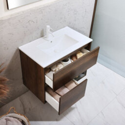 Homestylestore Dark Oak 812mm Wall Hung Bathroom Vanity Unit Led Lit Open Shelf And Chalk Basin - thumbnail 2