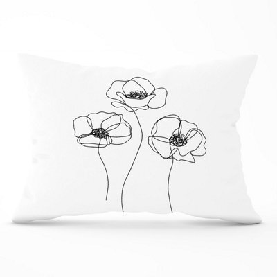 Warren Reed Designer Monochrome Line Drawn Poppies Cushions 33Cm X 48Cm