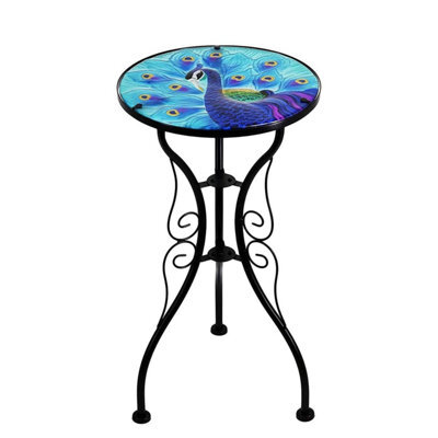 Geezy Garden Glass Round Coffee Table Blue Peacock Design Mosaic Patio Table - image 1