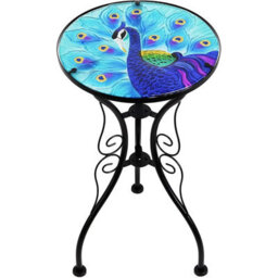 Geezy Garden Glass Round Coffee Table Blue Peacock Design Mosaic Patio Table - thumbnail 3