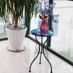 Geezy Garden Glass Round Coffee Table Blue Peacock Design Mosaic Patio Table - thumbnail 5