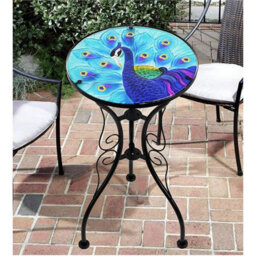 Geezy Garden Glass Round Coffee Table Blue Peacock Design Mosaic Patio Table - thumbnail 2