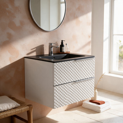 Bathroom City Elvia 600mm White Vanity Unit With Black Ceramic Basin - Diamond Front Sink Cabinet, 2 Soft-Close Drawers - Chrome Handle - image 1