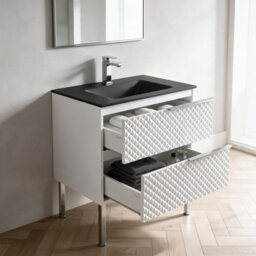 Bathroom City Elvia 600mm White Vanity Unit With Black Ceramic Basin - Diamond Front Sink Cabinet, 2 Soft-Close Drawers - Chrome Handle - thumbnail 2