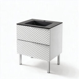 Bathroom City Elvia 600mm White Vanity Unit With Black Ceramic Basin - Diamond Front Sink Cabinet, 2 Soft-Close Drawers - Chrome Handle - thumbnail 3