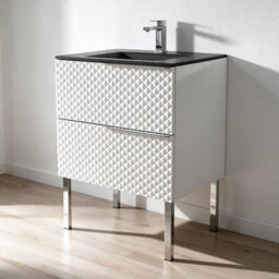 Bathroom City Elvia 600mm White Vanity Unit With Black Ceramic Basin - Diamond Front Sink Cabinet, 2 Soft-Close Drawers - Chrome Handle - thumbnail 4