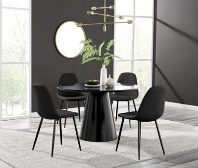 Furniturebox Uk Palma Black Semi Gloss Round Pedestal Dining Table & 4 Black Faux Leather Corona Black Leg Chairs - image 1