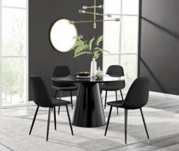 Furniturebox Uk Palma Black Semi Gloss Round Pedestal Dining Table & 4 Black Faux Leather Corona Black Leg Chairs - thumbnail 1