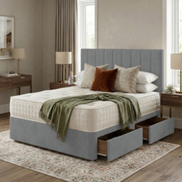 Adore Designs Portland Plush Velvet Divan Bed, Headboard & Mattress - 4Ft6 Double - Silver - 2 Drawers Same Side - thumbnail 1