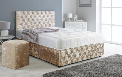 Slumbre Adore Living Chesterfield Crushed Velvet Divan Bed With Orthopaedic Mattress And Square Stool In Gold