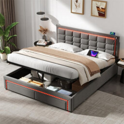 Abrihome 5Ft Upholstered King Bed With Rgb & Dimmable Led Headboard, Hydraulic & Drawer Storage, Grey Velvet - thumbnail 1