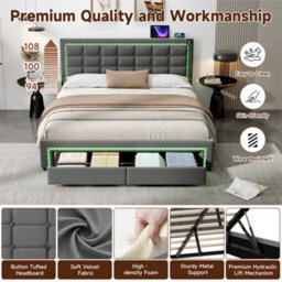 Abrihome 5Ft Upholstered King Bed With Rgb & Dimmable Led Headboard, Hydraulic & Drawer Storage, Grey Velvet - thumbnail 5