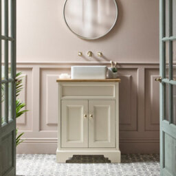 Homestylestore Antique White And Oak 645mm Bathroom Vanity Unit With Square Countertop Basin And Brushed Brass Square Handles - thumbnail 1