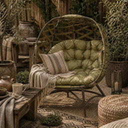 Wyld Haus Vere Khaki 2-Seater Folding Egg Chair With Cushions And Cup Holders - Outdoor Two-Person Rattan-Style Loveseat