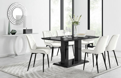 Furniturebox Imperia Black High Gloss 6 Seater Dining Table With Structural 2 Plinth Column Legs 6 Cream Velvet Black Leg Pesaro Chairs - image 1