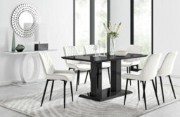 Furniturebox Imperia Black High Gloss 6 Seater Dining Table With Structural 2 Plinth Column Legs 6 Cream Velvet Black Leg Pesaro Chairs