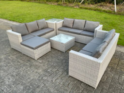 Fimous Light Grey Lounge Outdoor Pe Rattan Garden Furniture Set Wicker Sofa Set Square Coffee Table Side Table Footstool - thumbnail 2
