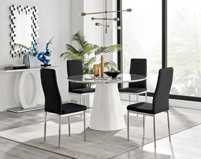 Furniturebox Uk Palma White Marble Effect Round Dining Table & 4 Black Milan Chrome Leg Chairs - image 1