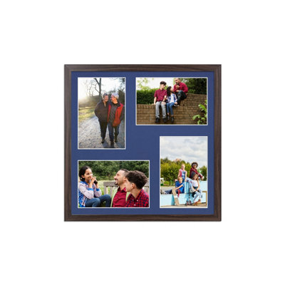 AK Frames 12X12 Walnut Sleek Multi Photo Frame With Blue Mount - Holds 4 Apertures (4X) 6X4 Photos - image 1