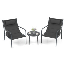Costway 3 Piece Outdoor Bistro Set Patio Metal Chair & Coffee Table Set W/ Headrest - thumbnail 2