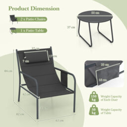 Costway 3 Piece Outdoor Bistro Set Patio Metal Chair & Coffee Table Set W/ Headrest - thumbnail 3