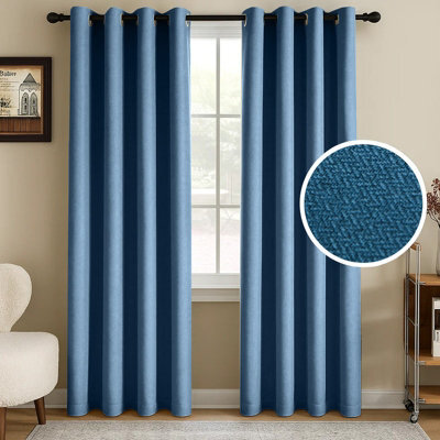 Moonlight Bedding 100%blackout Eyelet Linen Texture Fabric Curtains Pair Thermal Energy Saving Summer Winter (Blue, 66'x72'') - image 1