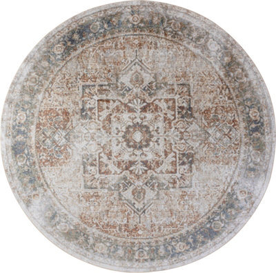 Livabliss Round Lillian-Washable Brown Blue Traditional Vintage Boho Living Dining Rug 160 X 160 Cm Easy Care, Non Shedding - image 1