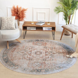 Livabliss Round Lillian-Washable Brown Blue Traditional Vintage Boho Living Dining Rug 160 X 160 Cm Easy Care, Non Shedding - thumbnail 2