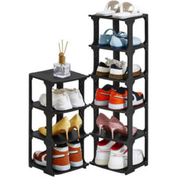 Slim 6 Tier Vertical Shoe Rack Organiser Narrow Space Saving Stand For Hallway Closet Bedroom Wardrobe Black Plastic Shelf - thumbnail 2