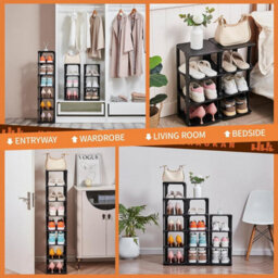 Slim 6 Tier Vertical Shoe Rack Organiser Narrow Space Saving Stand For Hallway Closet Bedroom Wardrobe Black Plastic Shelf - thumbnail 4
