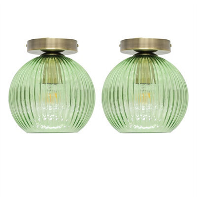 First Choice Lighting Set Of 2 Betchley - Green Ribbed Glass Antique Brass Ceiling Lights - image 1