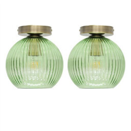 First Choice Lighting Set Of 2 Betchley - Green Ribbed Glass Antique Brass Ceiling Lights - thumbnail 1
