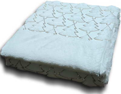 Homes & Linen Teddy Fleece Christmas Tree White Throw 150X200Cm Soft Plush Festive Winter Blanket