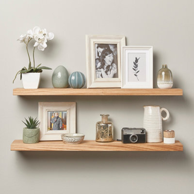Off The Grain Oak Floating Shelf Made From Solid Oak -110Cm (L)  Wall Mounted Rustic Wooden Shelves - Pack Of 2 - image 1
