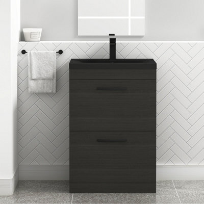 Royal Bathrooms Turin 600mm Floor Standing Vanity Unit 2 Drawer Hale Black With Black Basin & Handles - image 1