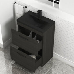 Royal Bathrooms Turin 600mm Floor Standing Vanity Unit 2 Drawer Hale Black With Black Basin & Handles - thumbnail 6