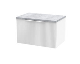 Hudson Reed Fluted Wall Hung 1-Drawer Vanity Unit & Bellato Grey Laminate Worktop, Counter Top Vanity Unit In Satin White, 600mm
